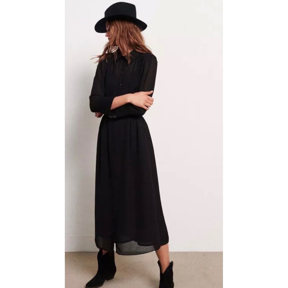 ba&sh Maud Noir Black Long Sleeve Button Front Midi Dress Size 0 XS 1H21MAUD